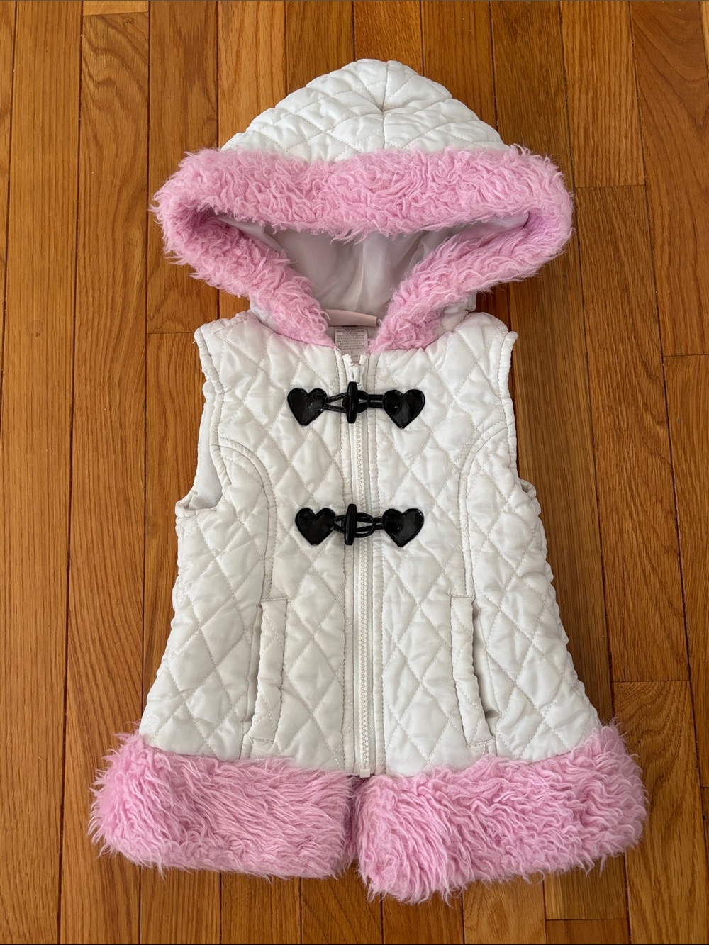 Little Lass White Quilted Hooded Vest with Pink Faux Fur Trim